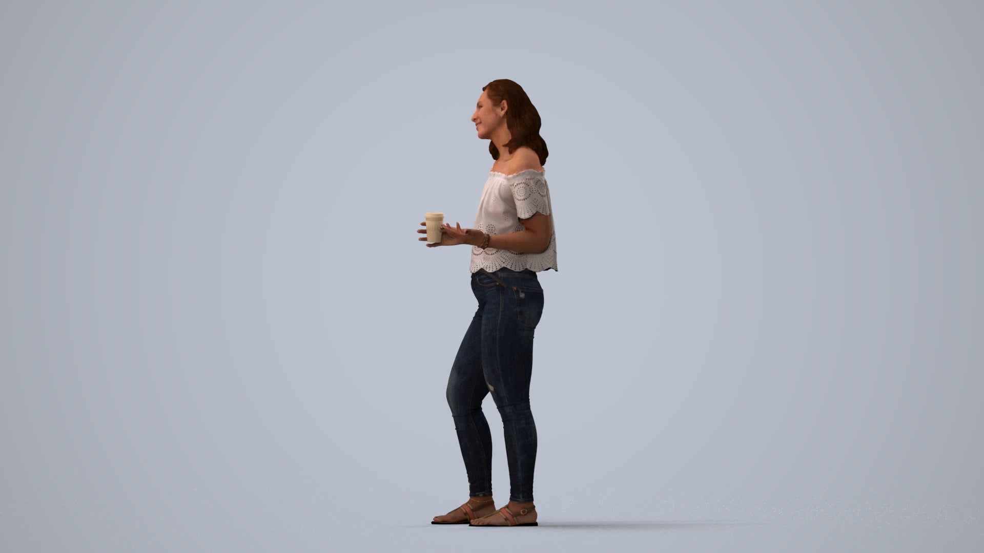 realistic 3D human woman casual standing, archviz people FBX OBJ for Blender, three-quarter view render