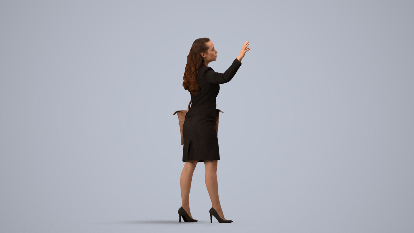 3D human model woman business standing, photogrammetry scanned person for archviz, side view render