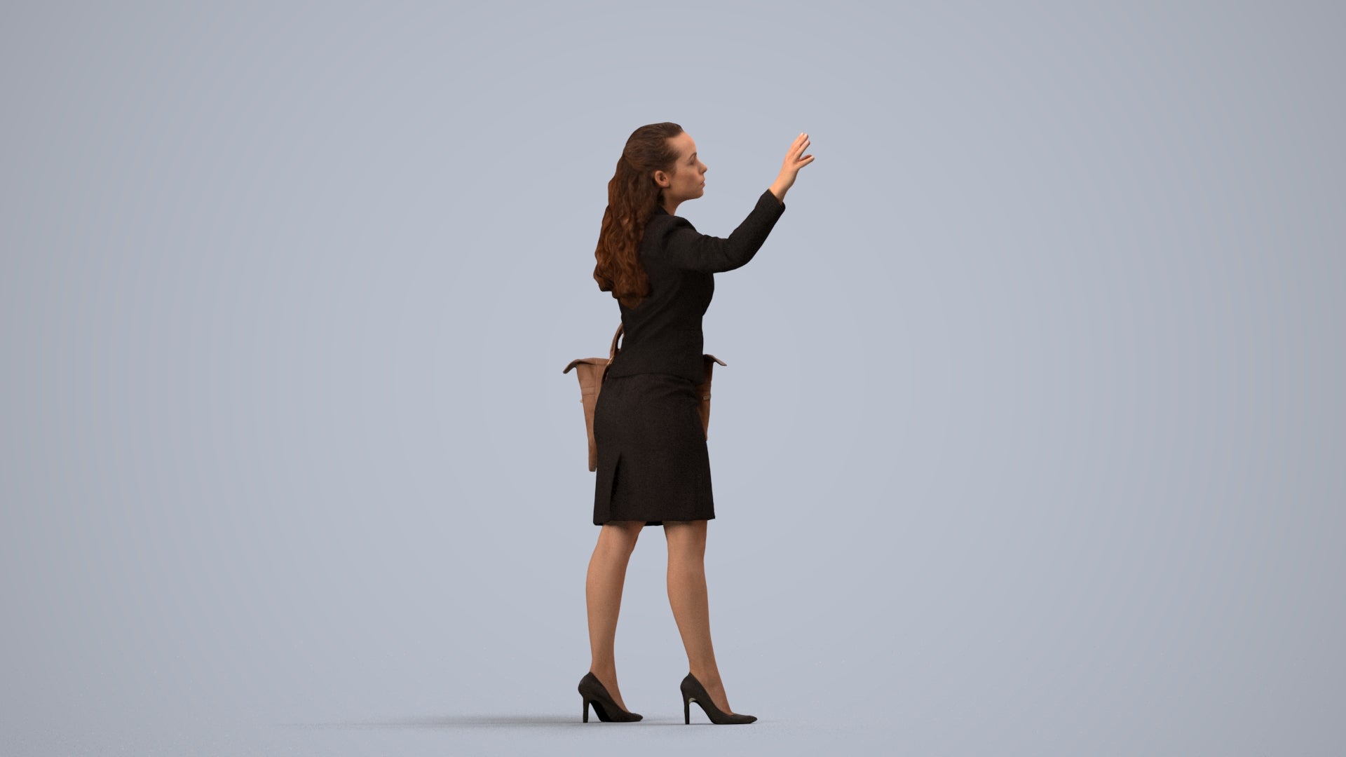 3D human model woman business standing, photogrammetry scanned person for archviz, side view render