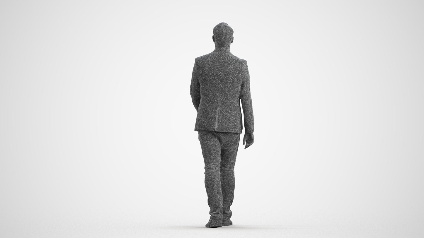 3D human model man business walking, photogrammetry scanned person for archviz, wireframe front view