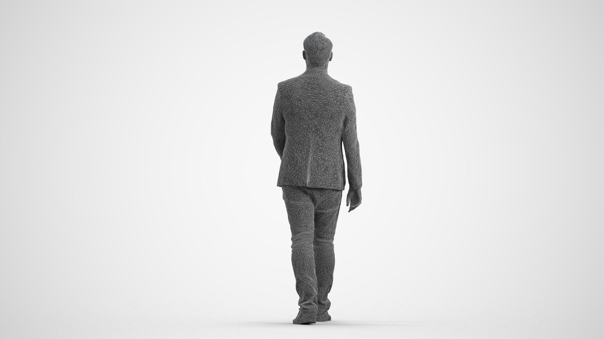 3D human model man business walking, photogrammetry scanned person for archviz, wireframe front view