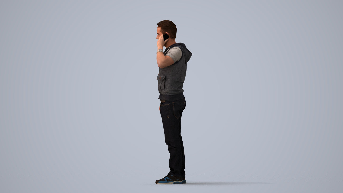 3D human model man casual standing, photogrammetry scanned person for archviz, three-quarter view render