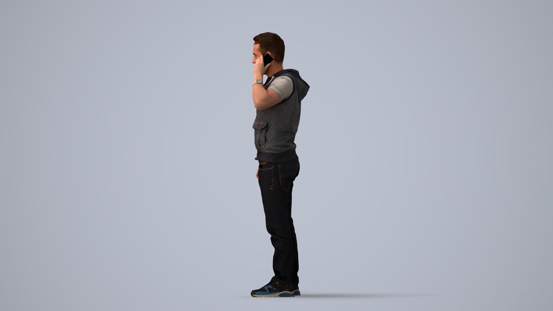3D human model man casual standing, photogrammetry scanned person for archviz, three-quarter view render