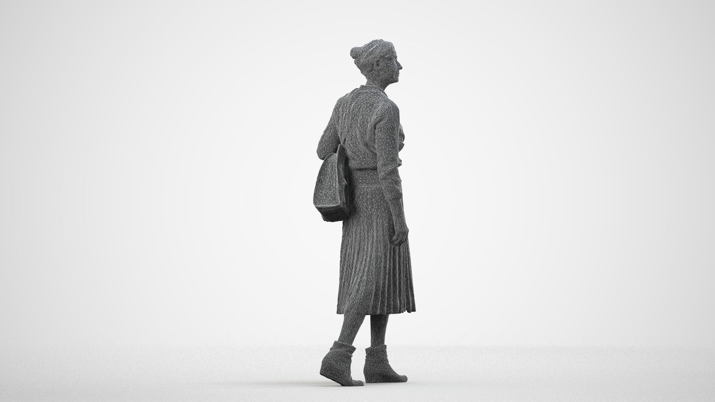 3D scanned senior woman walking casual, photorealistic archviz people for Enscape and SketchUp, wireframe side view