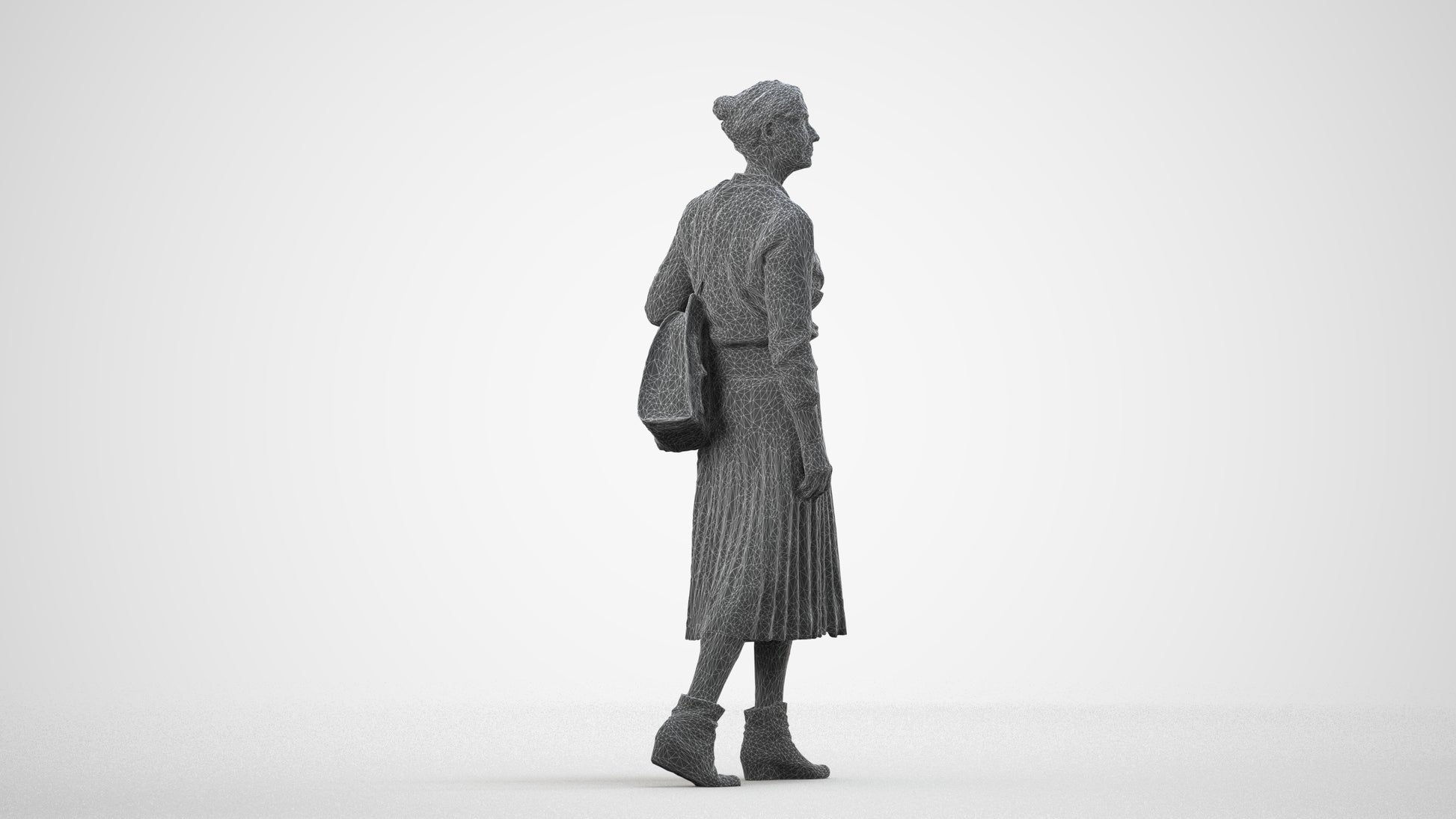 3D scanned senior woman walking casual, photorealistic archviz people for Enscape and SketchUp, wireframe side view