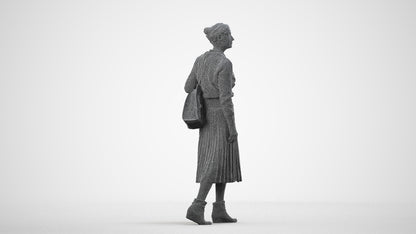 3D scanned senior woman walking casual, photorealistic archviz people for Enscape and SketchUp, wireframe side view