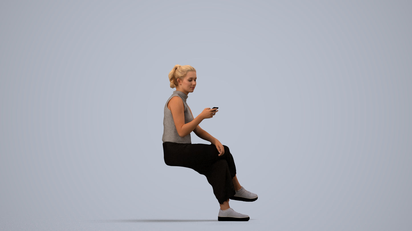photogrammetry 3D woman casual sitting, realistic human model archviz FBX, side view render