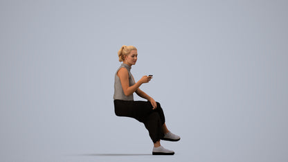photogrammetry 3D woman casual sitting, realistic human model archviz FBX, side view render