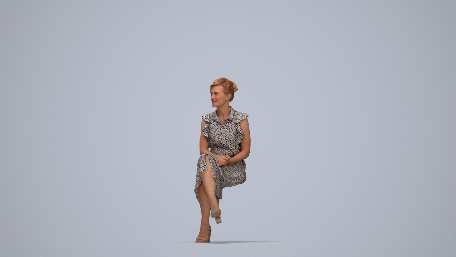 realistic 3D human woman casual sitting, archviz people FBX OBJ for Blender, top-down view render