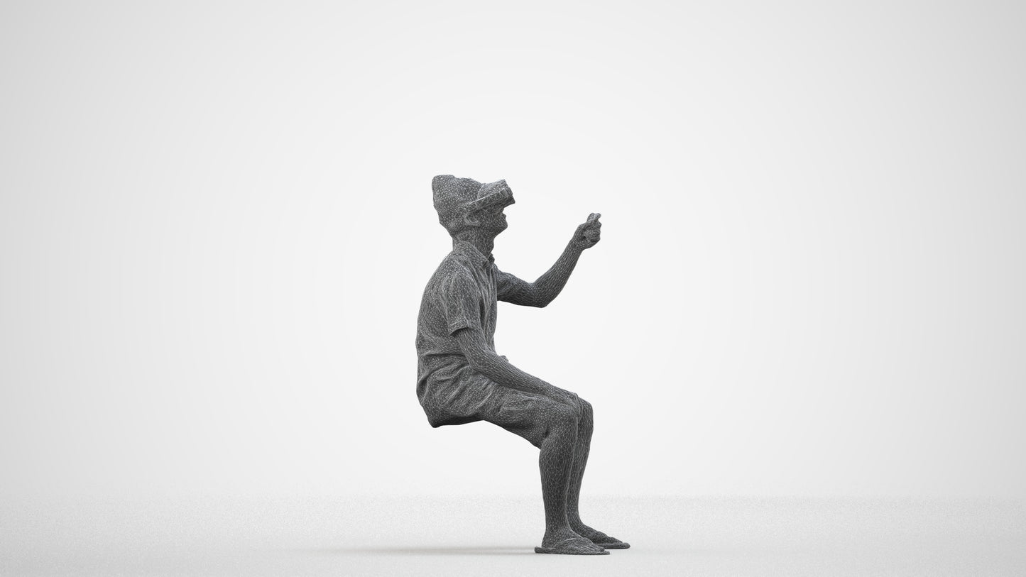 realistic 3D man casual sitting, scanned archviz people for Blender and 3ds Max, wireframe side view