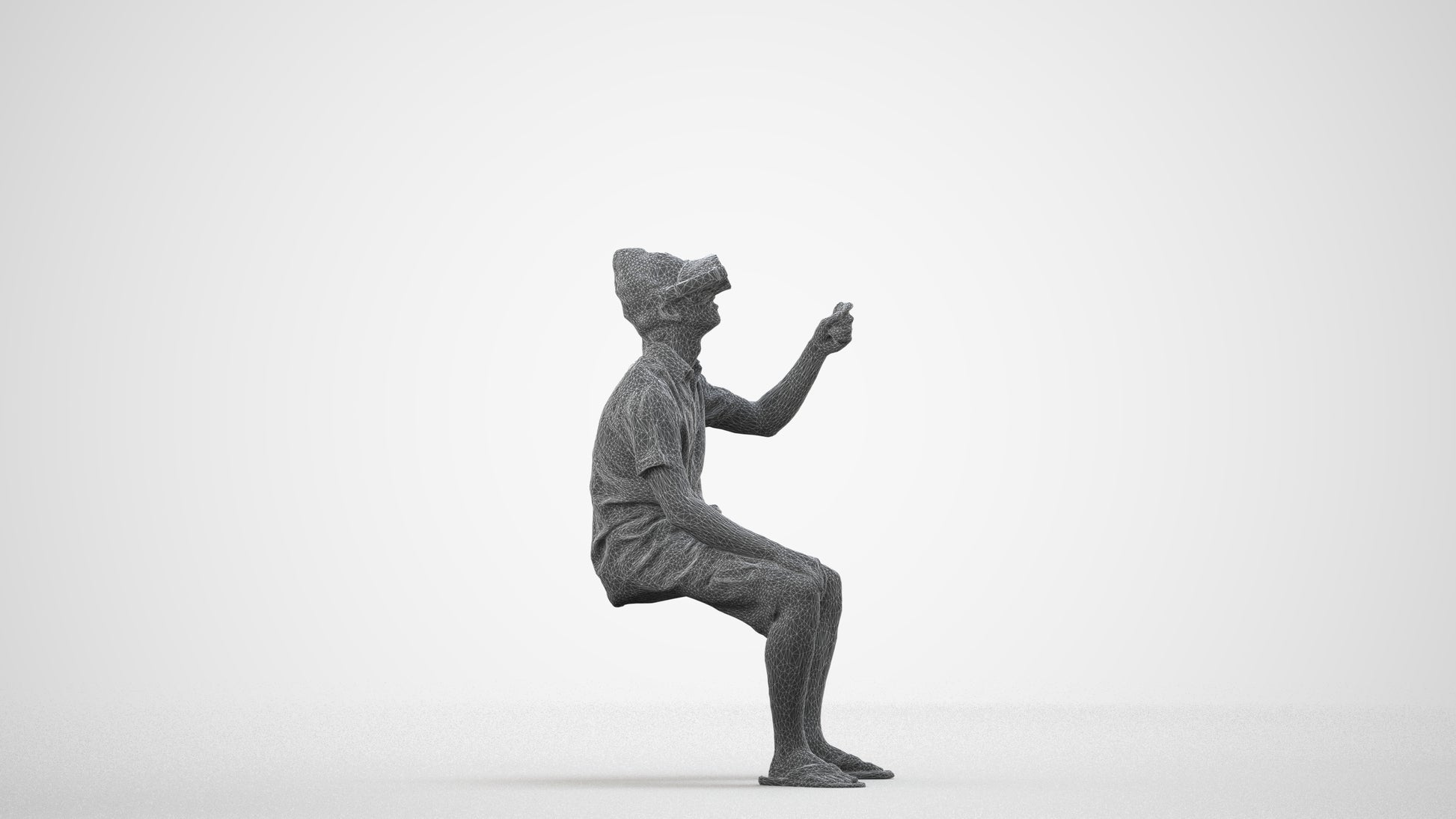 realistic 3D man casual sitting, scanned archviz people for Blender and 3ds Max, wireframe side view