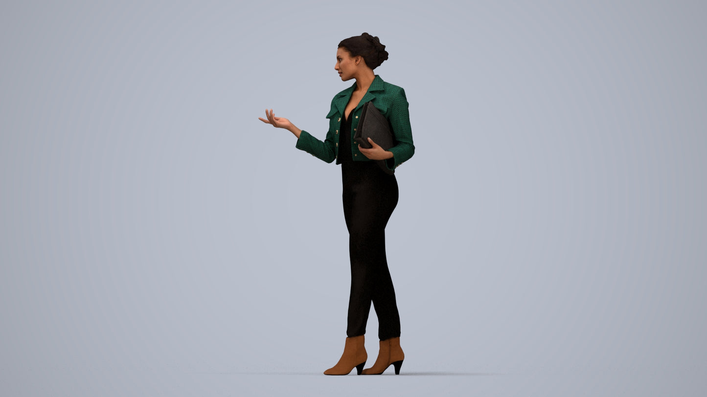 3D human model woman business standing, photogrammetry scanned person for archviz, top-down view render