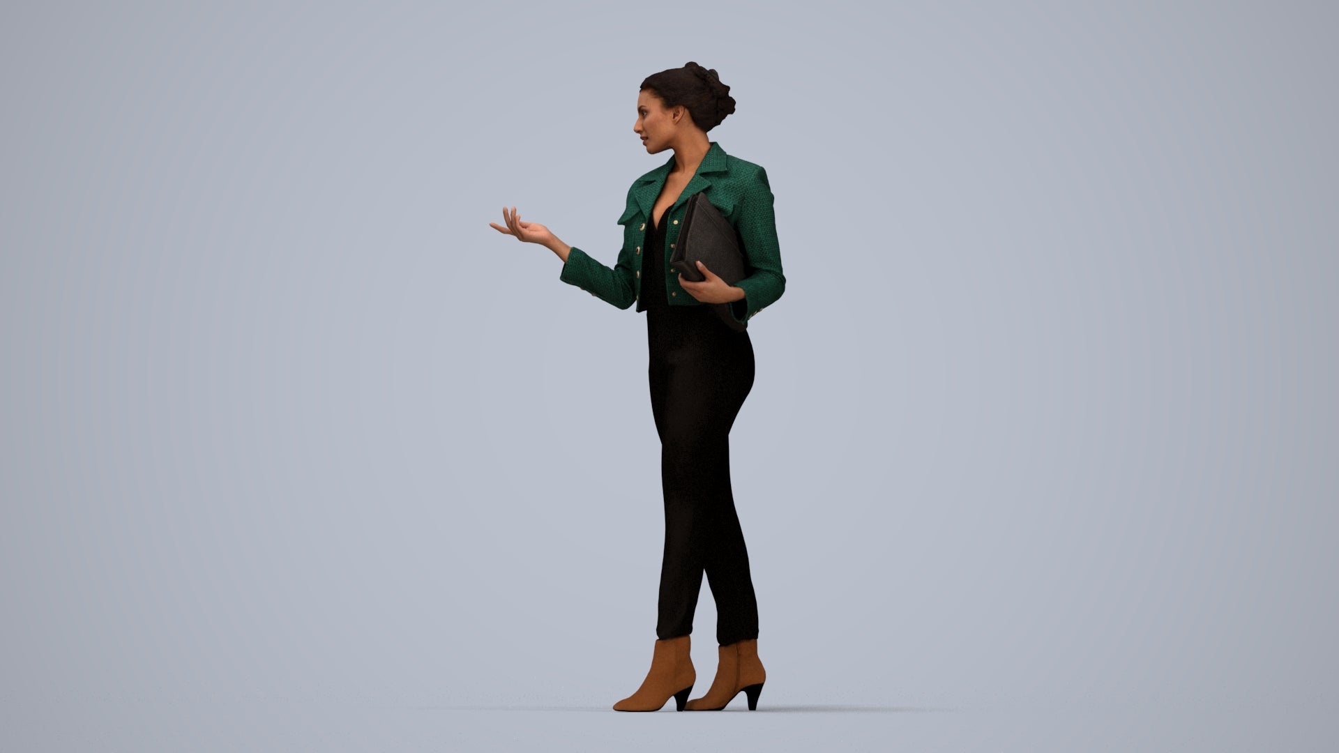3D human model woman business standing, photogrammetry scanned person for archviz, top-down view render