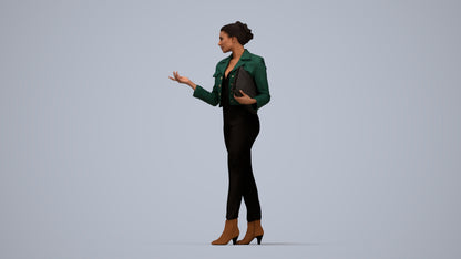 3D human model woman business standing, photogrammetry scanned person for archviz, top-down view render