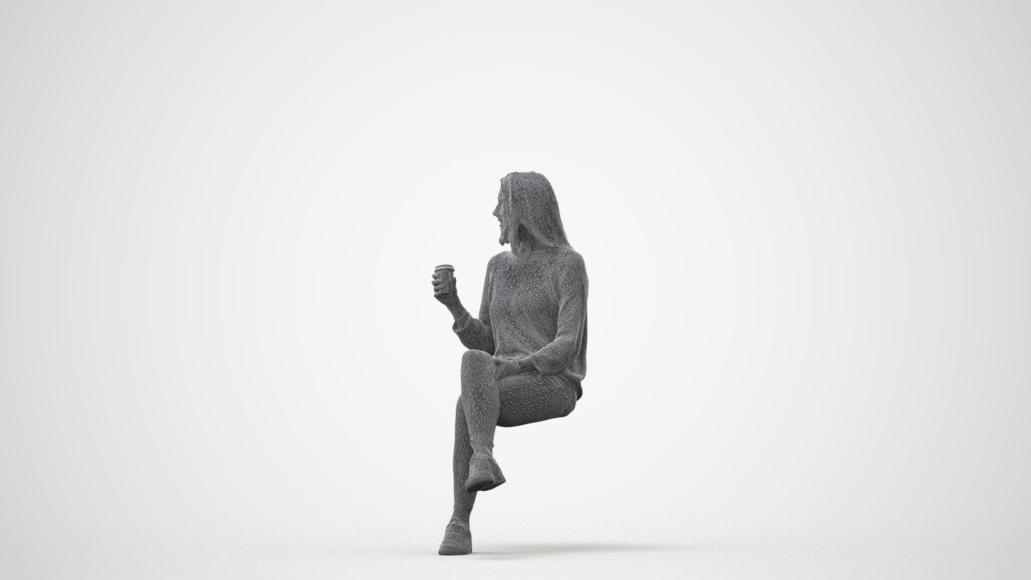 3D scanned woman sitting casual, photorealistic archviz people for Enscape and SketchUp, square thumbnail