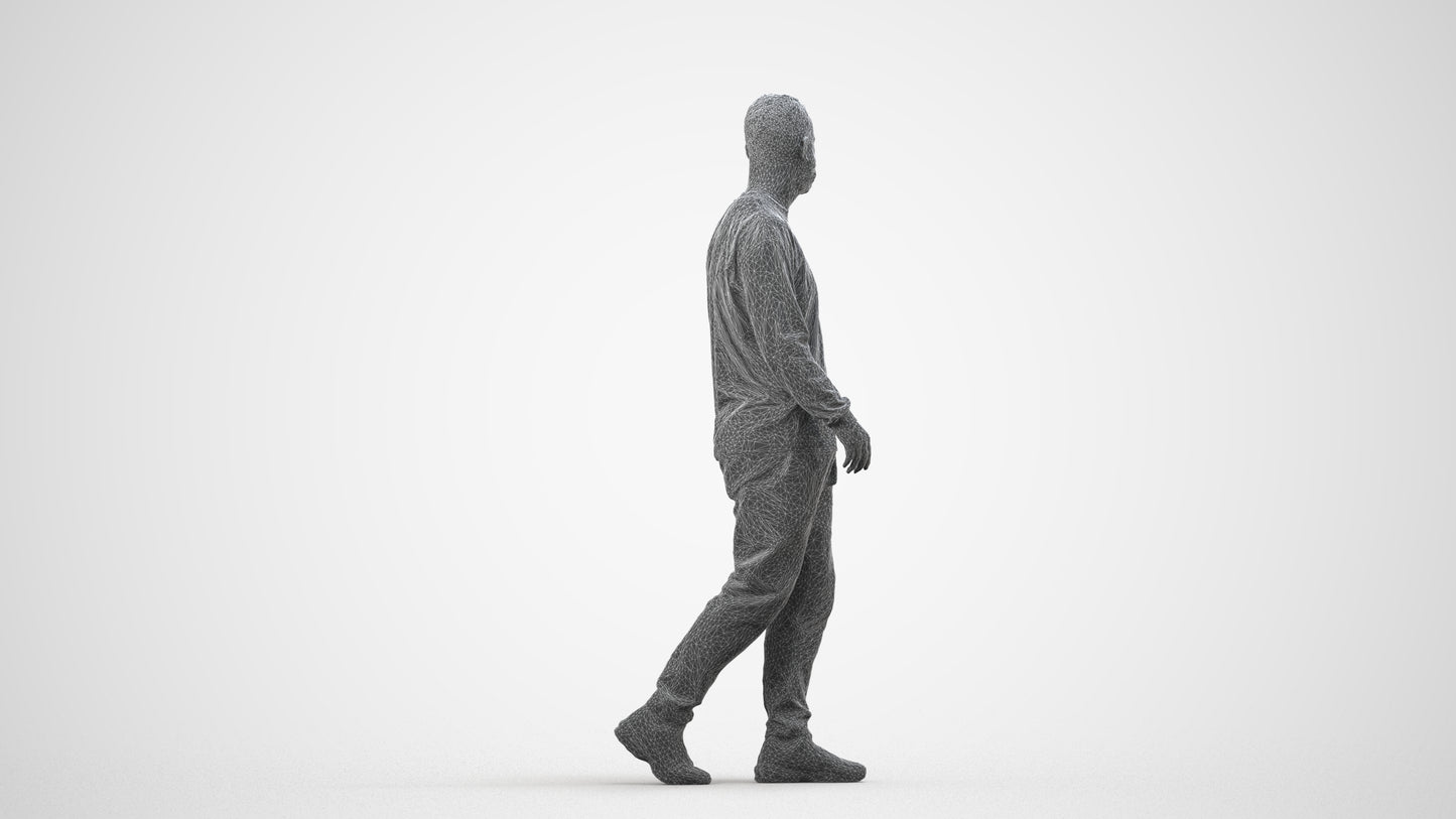 3D scanned man walking casual, photorealistic archviz people for Enscape and SketchUp, wireframe side view