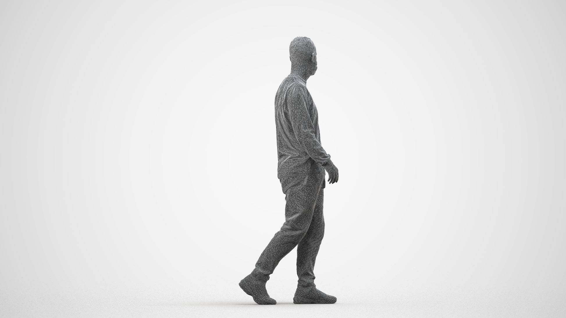 3D scanned man walking casual, photorealistic archviz people for Enscape and SketchUp, wireframe side view