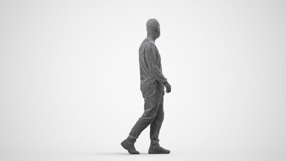 3D scanned man walking casual, photorealistic archviz people for Enscape and SketchUp, wireframe side view