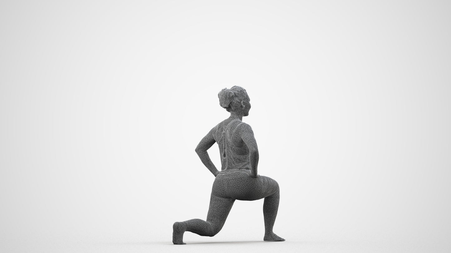 3D human model woman sport, photogrammetry scanned person for archviz, wireframe side view