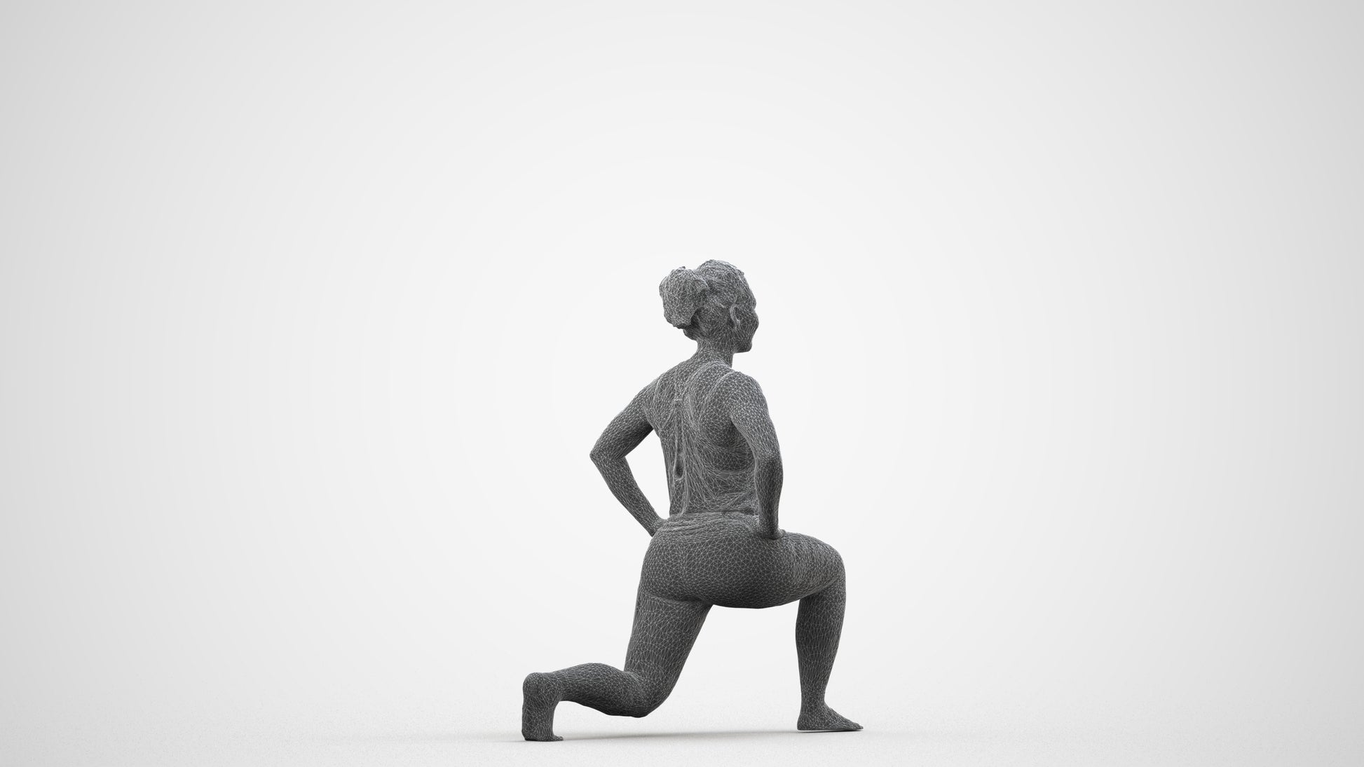 3D human model woman sport, photogrammetry scanned person for archviz, wireframe side view