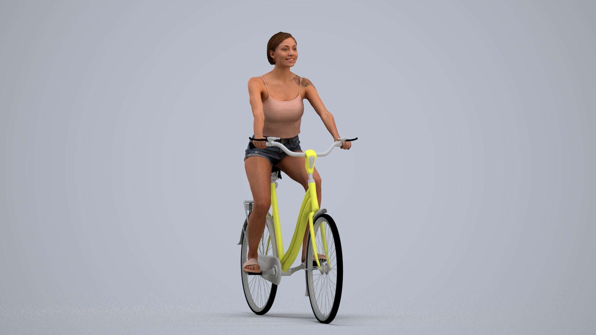3D human model woman casual cycling, photogrammetry scanned person for archviz, standing pose render