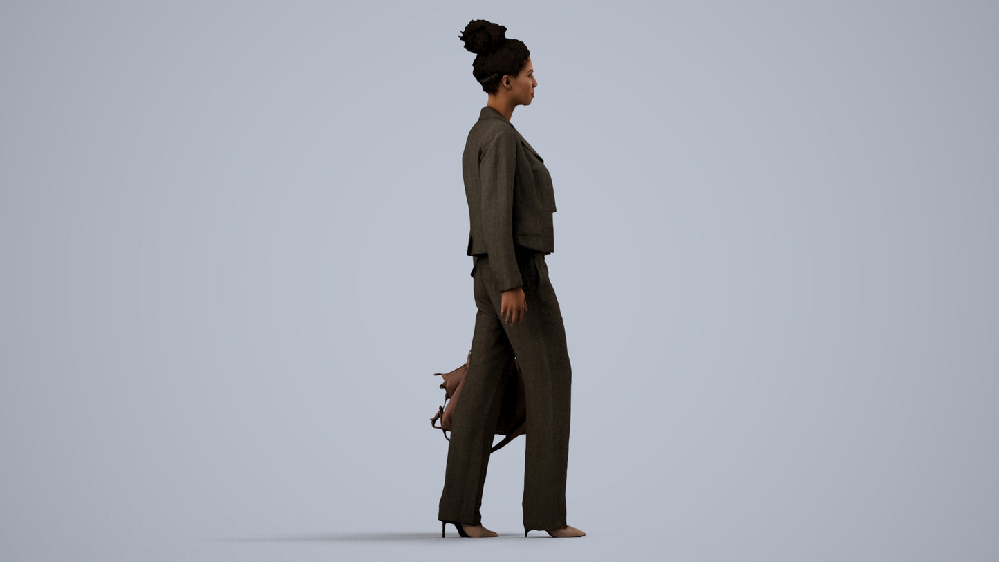 realistic 3D woman business walking, scanned archviz people for Blender and 3ds Max, side view render