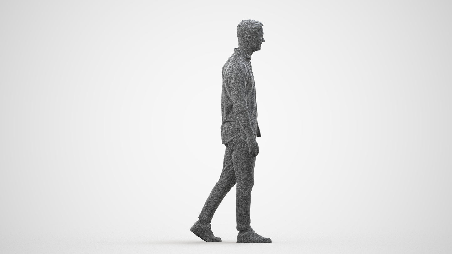 realistic 3D man casual walking, scanned archviz people for Blender and 3ds Max, wireframe side view
