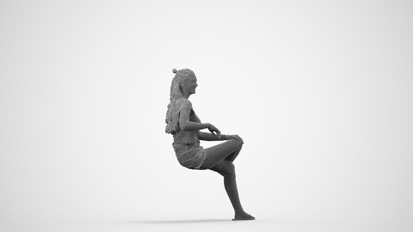 3D people model girl casual sitting, scanned human for 3ds Max rendering, wireframe side view
