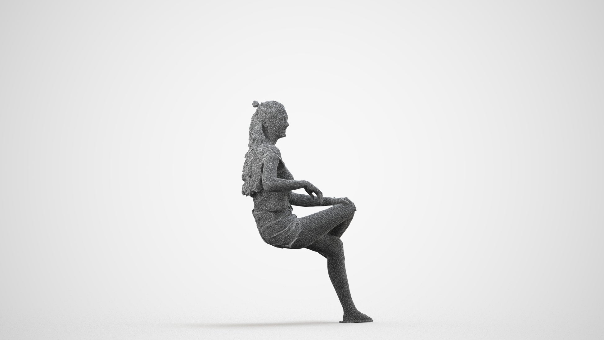 3D people model girl casual sitting, scanned human for 3ds Max rendering, wireframe side view