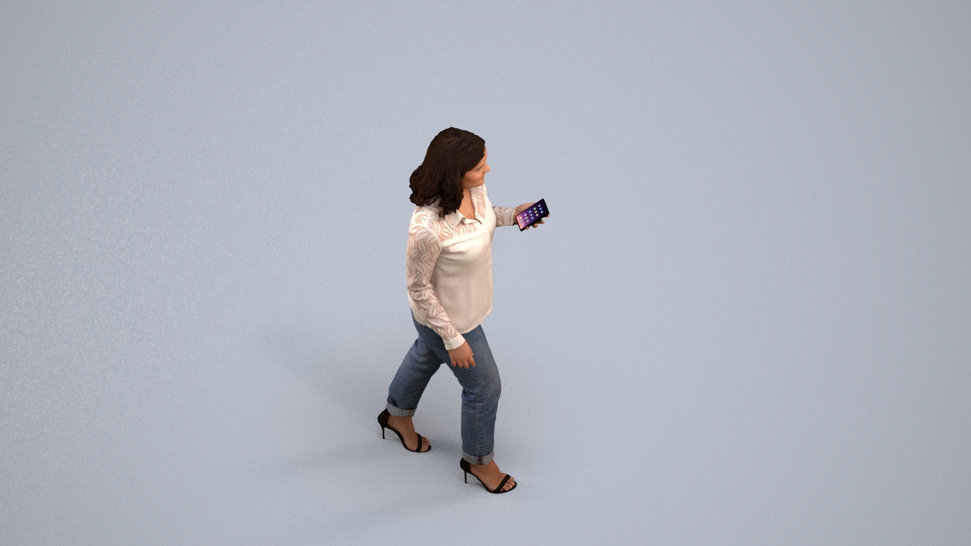 3D scanned woman walking casual, photorealistic archviz people for Enscape and SketchUp, back view render