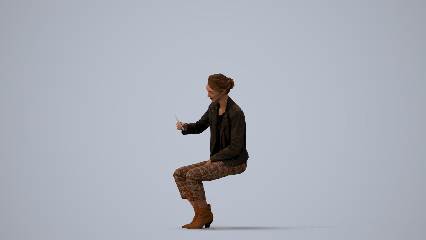 realistic 3D woman business sitting, scanned archviz people for Blender and 3ds Max, three-quarter view render