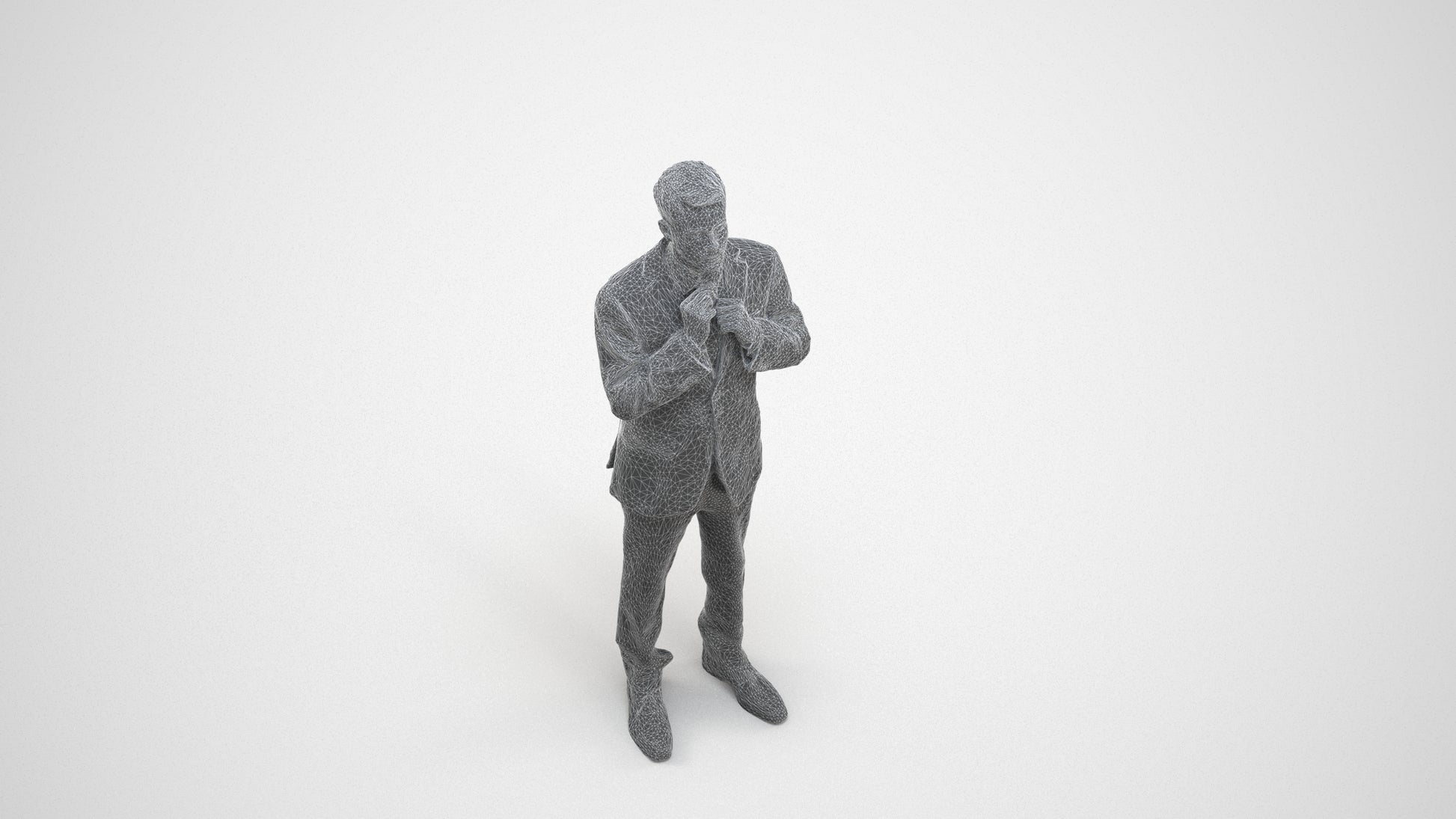 3D human model man business, photogrammetry scanned person for archviz, wireframe three-quarter view