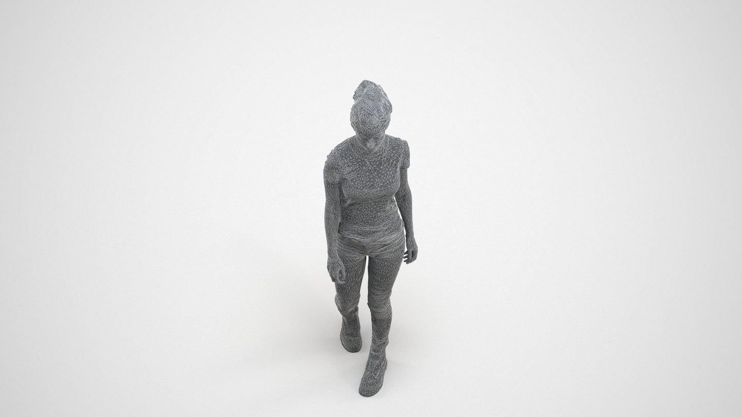 realistic 3D people woman casual walking, render-ready for V-Ray and Corona, FBX OBJ, wireframe three-quarter view
