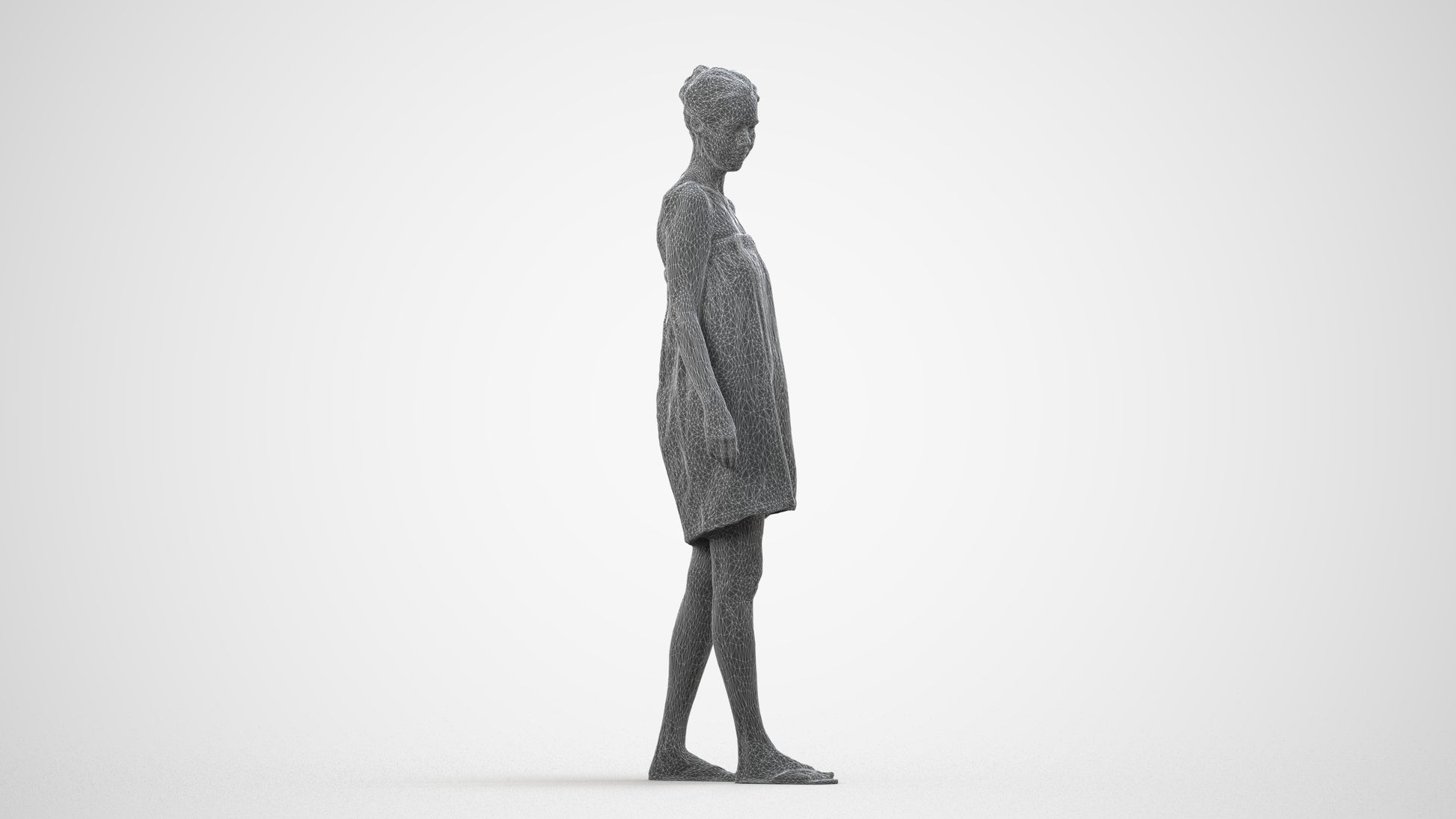 scanned 3D woman casual bathroom, photogrammetry people for Enscape and V-Ray, wireframe side view