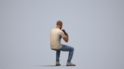 3D human model man casual sitting, photogrammetry scanned person for archviz, side view render