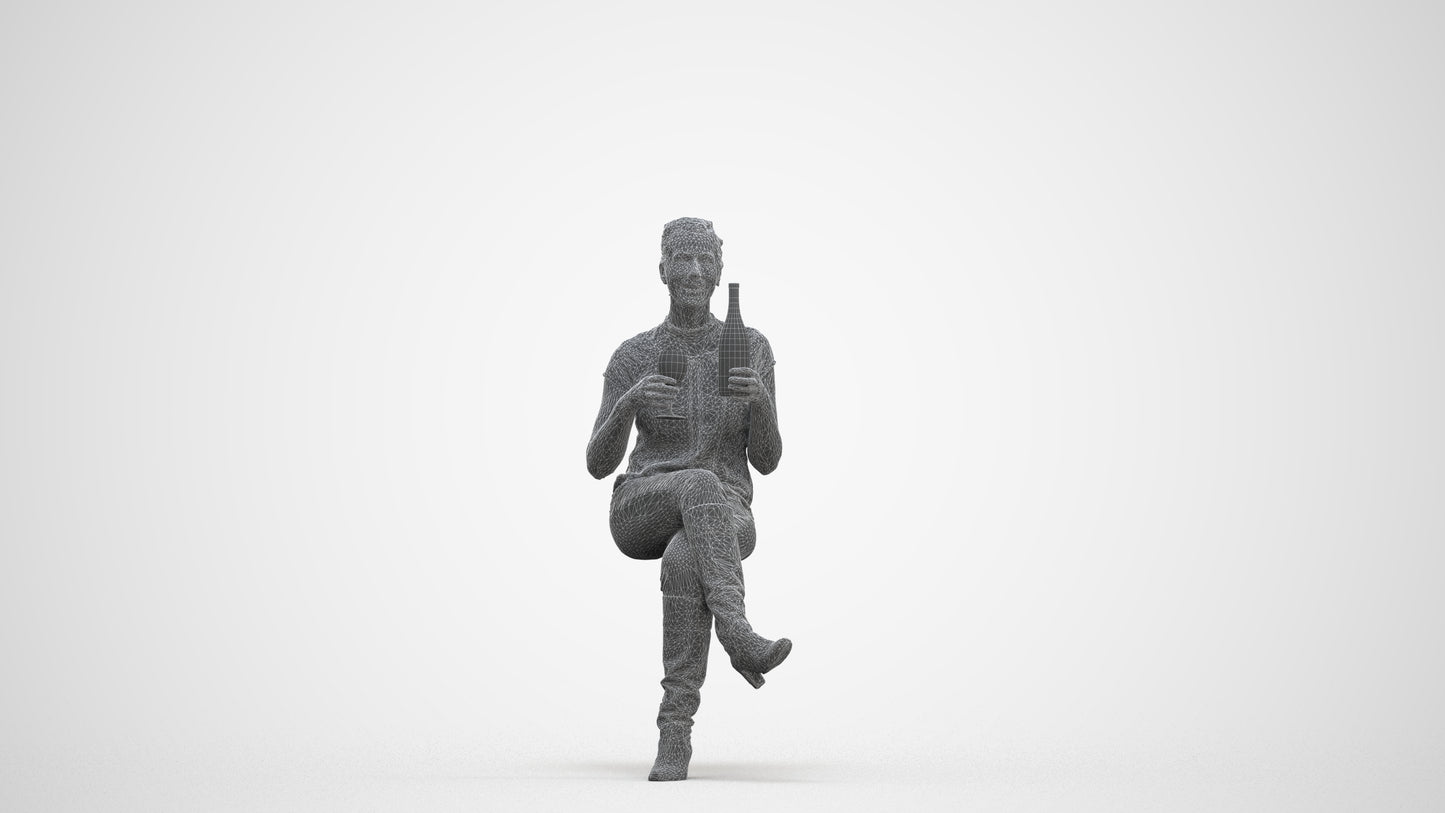 3D human model woman casual sitting, photogrammetry scanned person for archviz, three-quarter front view render