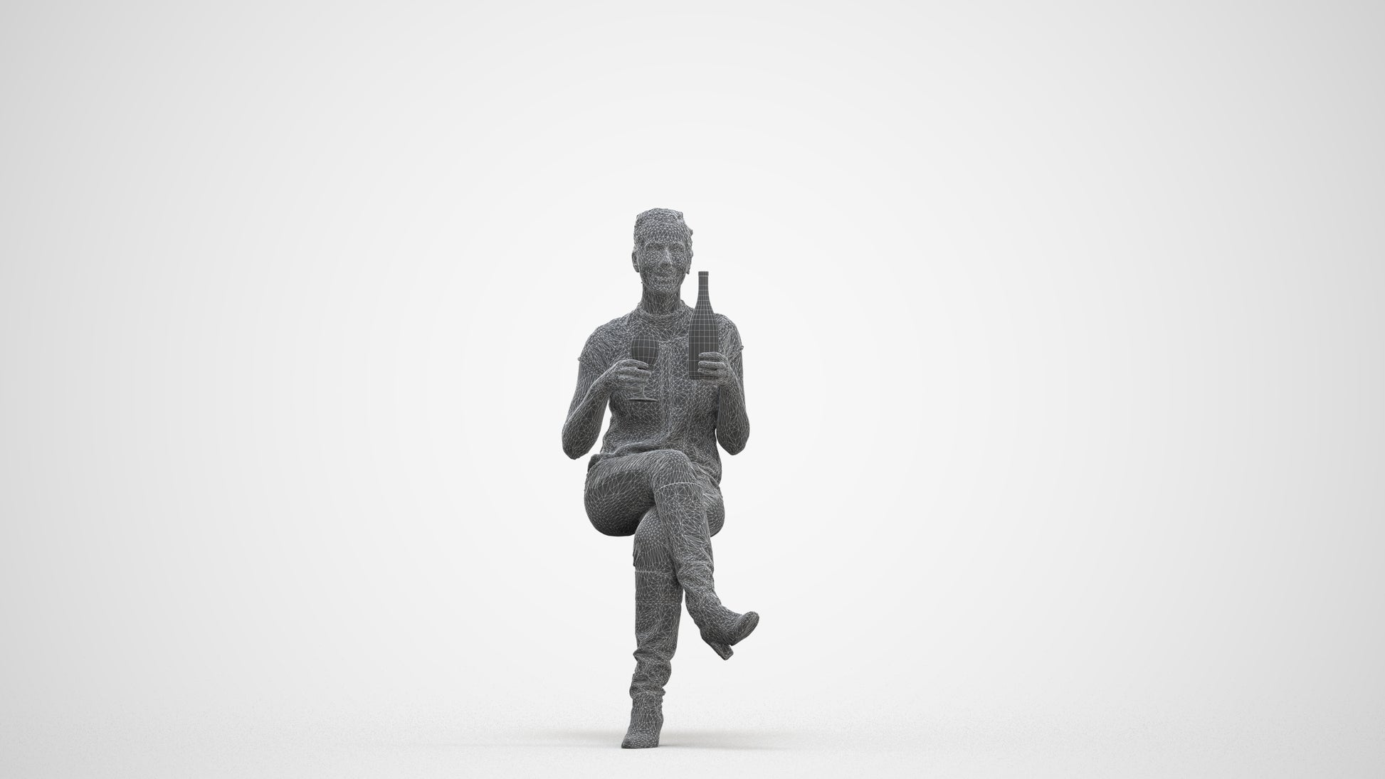 3D human model woman casual sitting, photogrammetry scanned person for archviz, three-quarter front view render