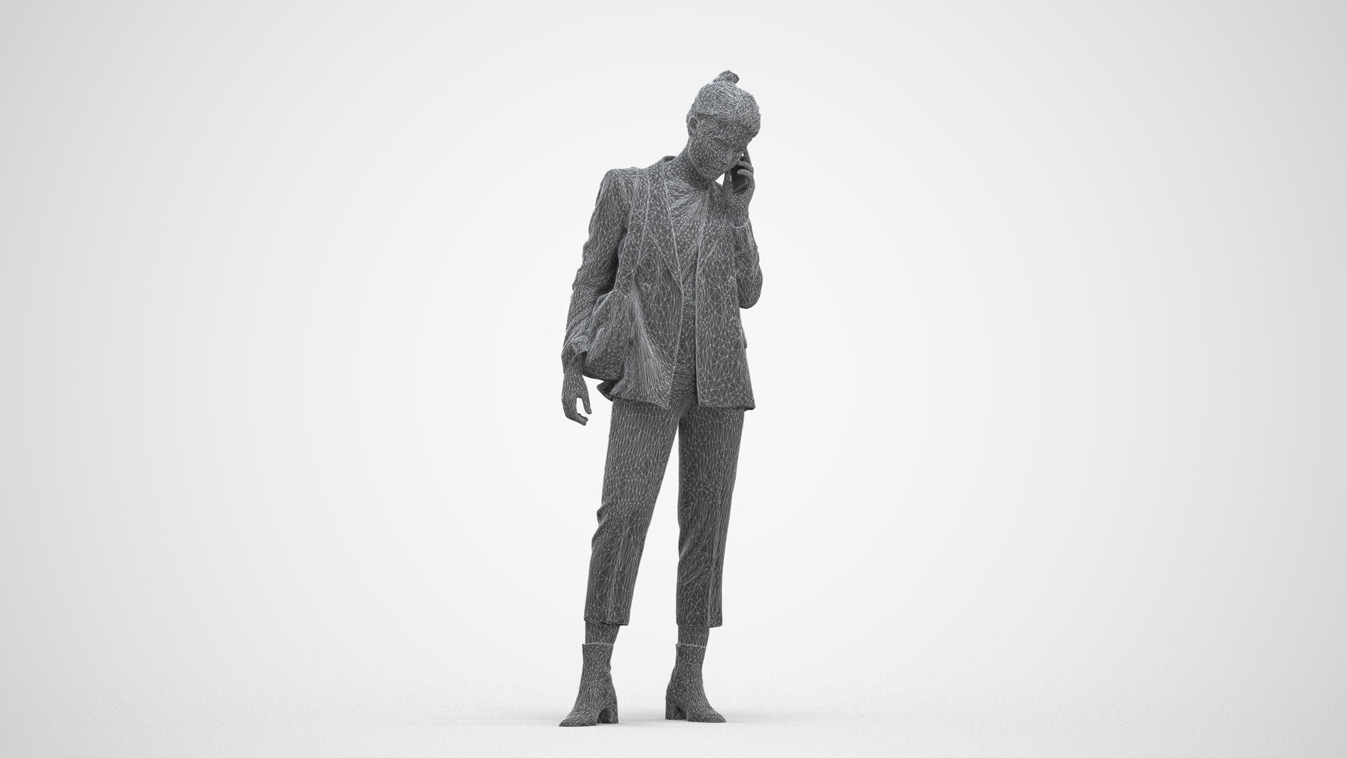 3D human model woman business standing, photogrammetry scanned person for archviz, three-quarter front view render