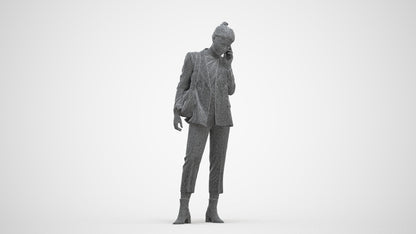 3D human model woman business standing, photogrammetry scanned person for archviz, three-quarter front view render