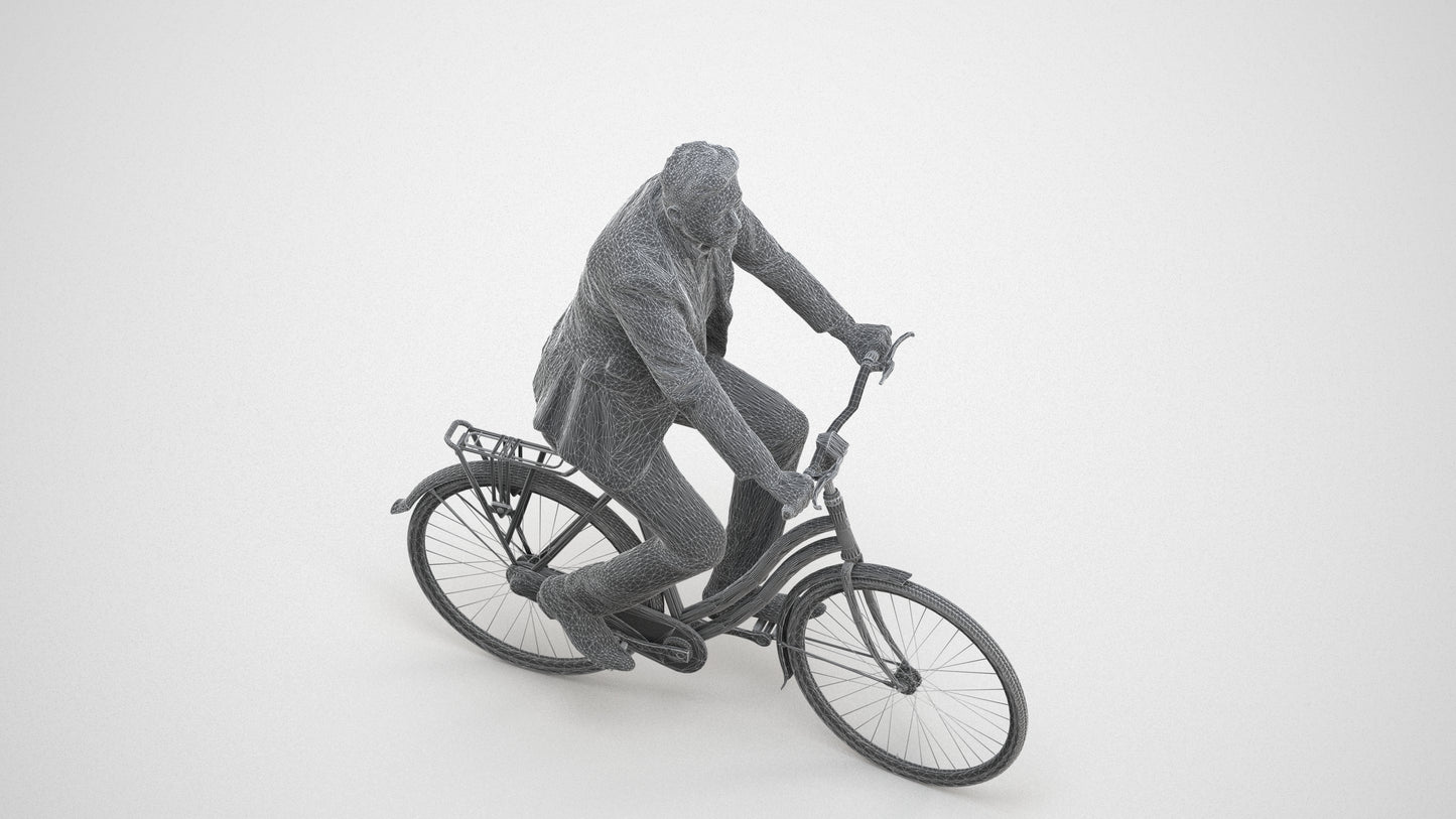 photogrammetry 3D man business cycling, realistic human model archviz FBX, wireframe three-quarter view