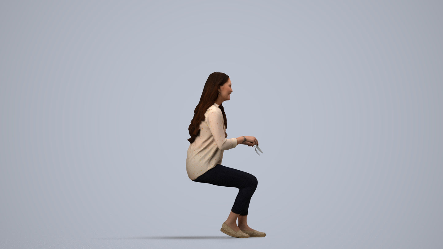 scanned 3D woman casual sitting, photogrammetry people for Enscape and V-Ray, side view render