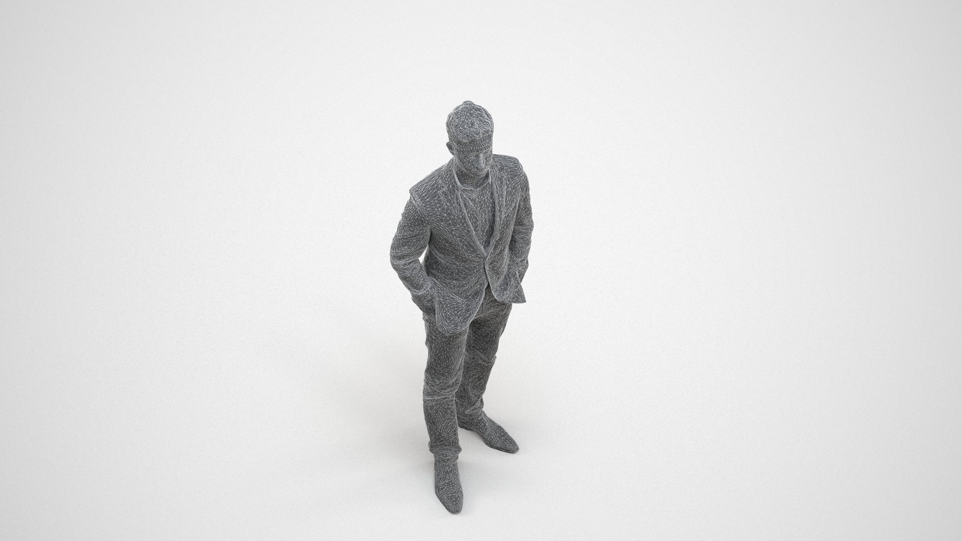 3D people model man business standing, scanned human for 3ds Max rendering, wireframe three-quarter view