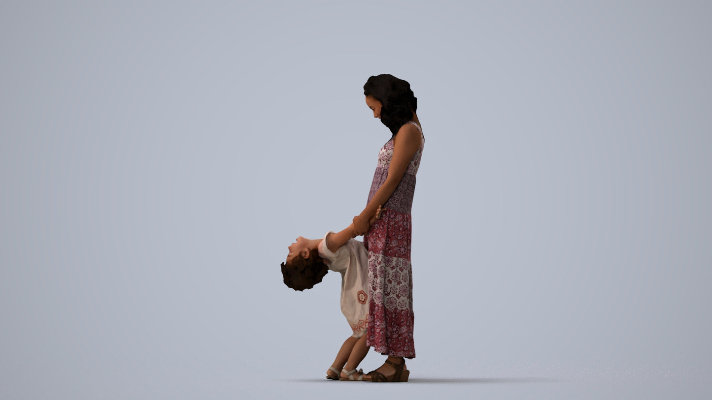 3D human model girl casual kids, photogrammetry scanned person for archviz, three-quarter view render