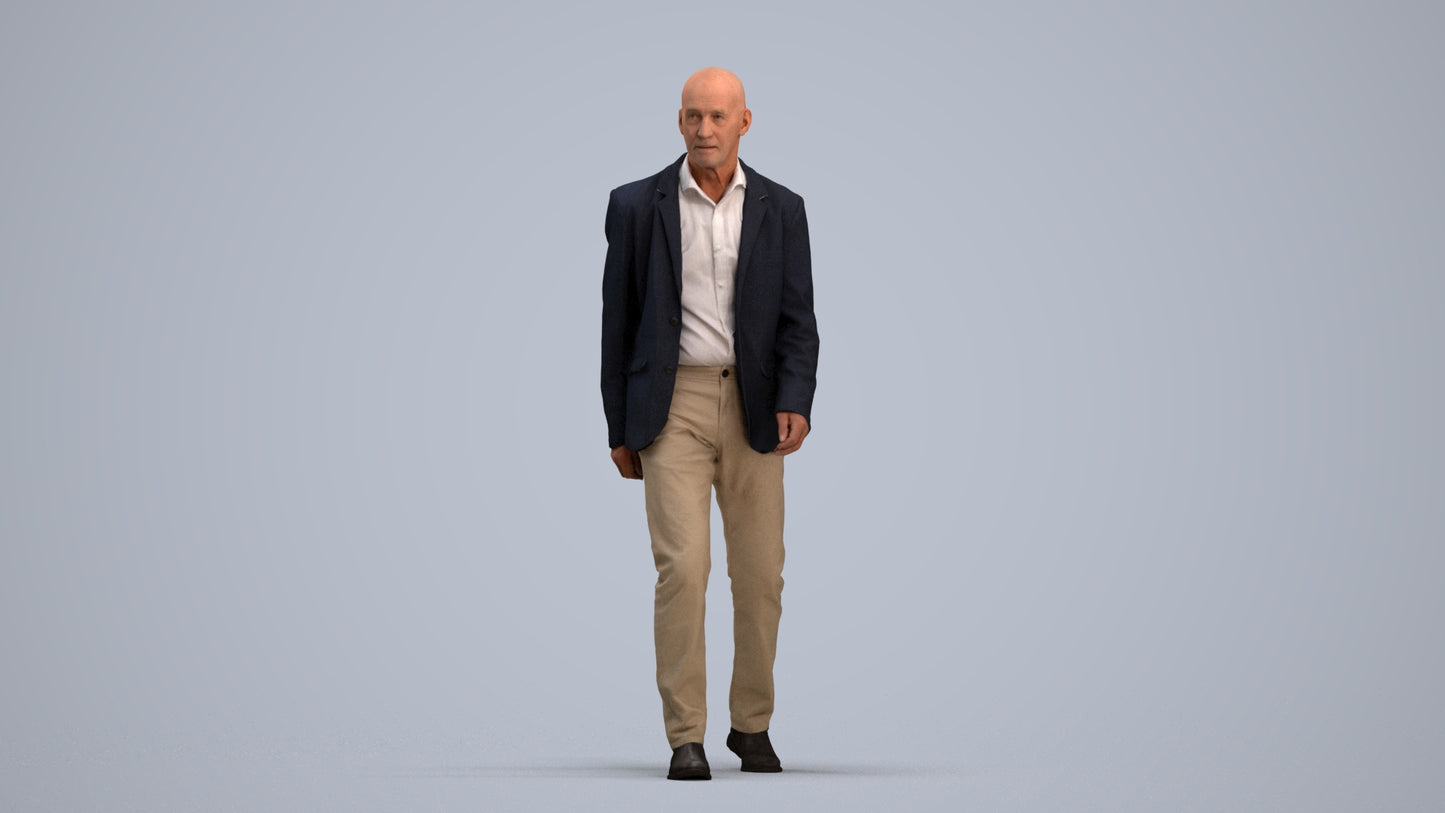 3D human model senior man business, photogrammetry scanned person for archviz, standing pose render