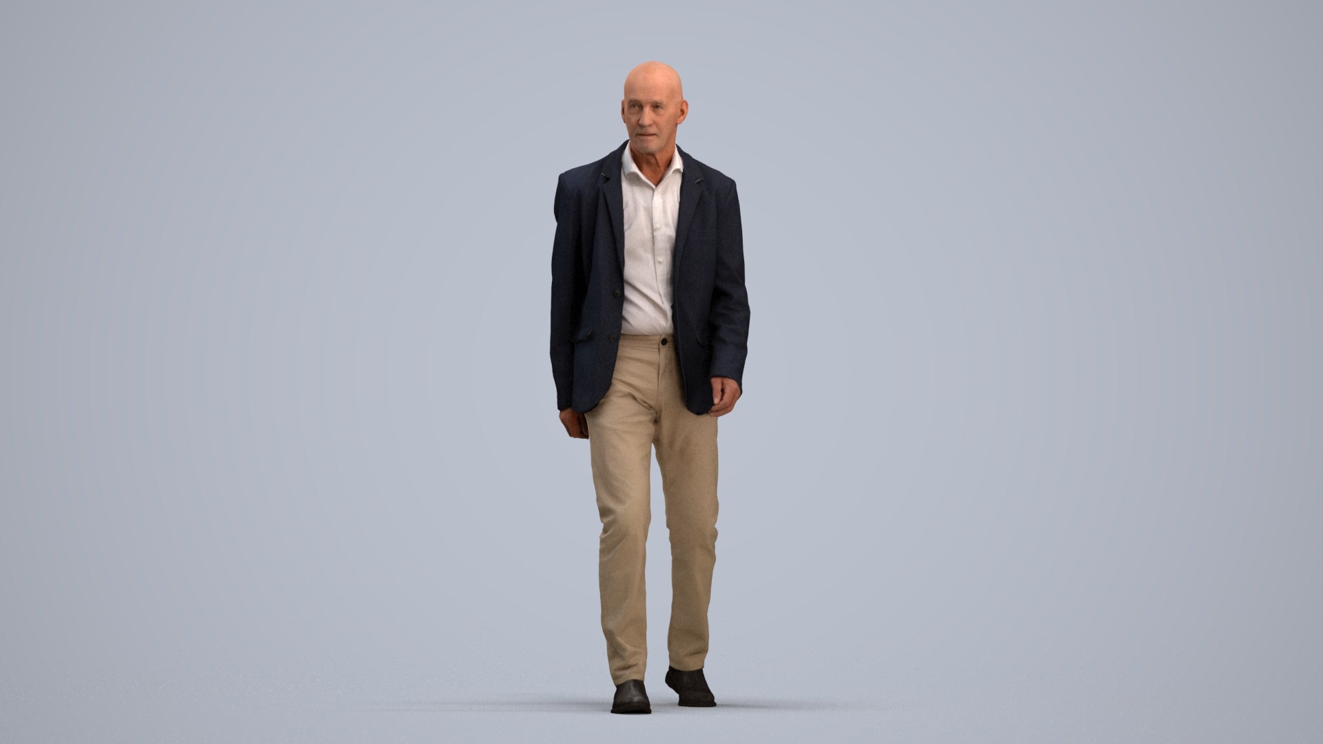 3D human model senior man business, photogrammetry scanned person for archviz, standing pose render