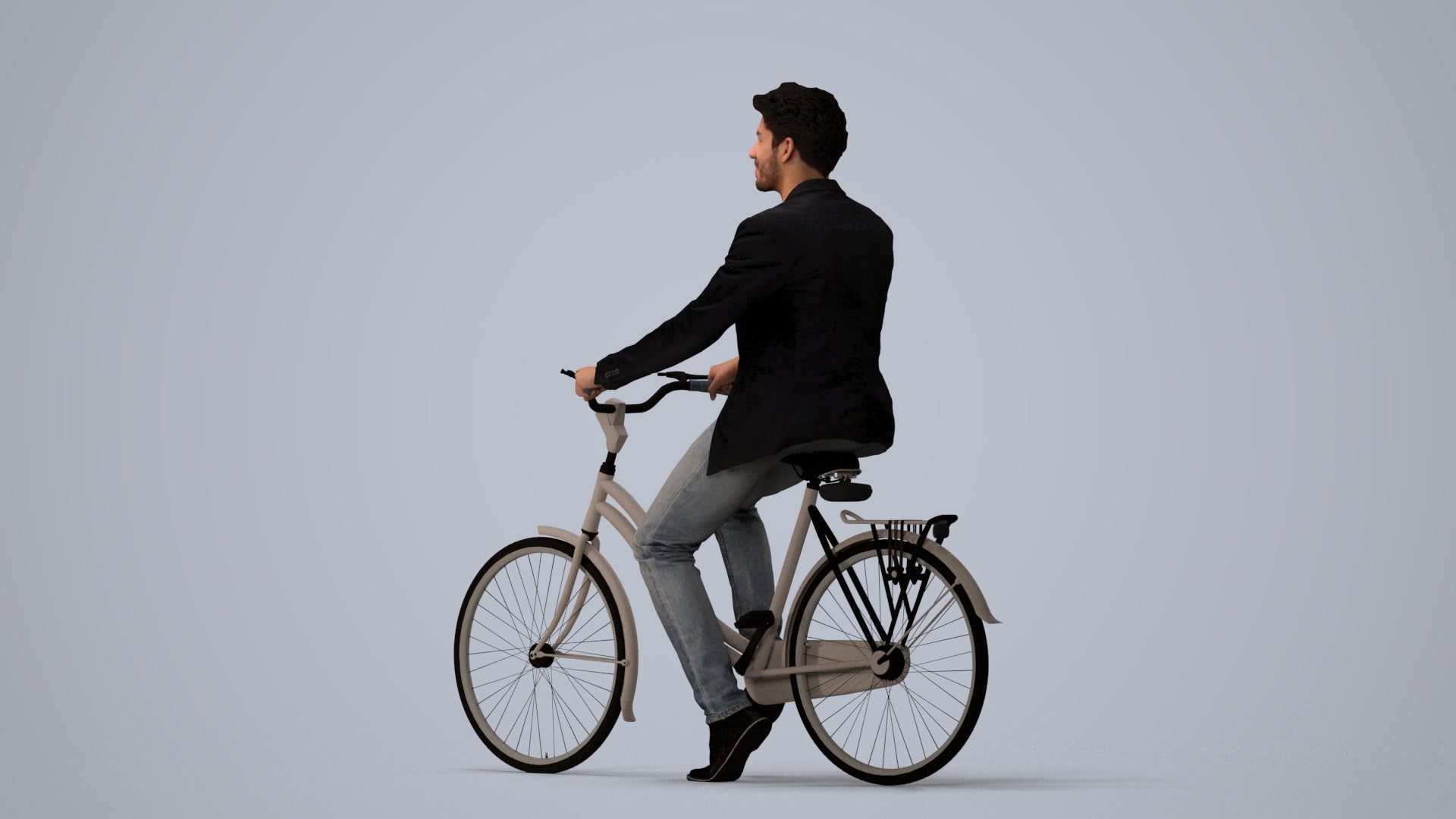 realistic 3D man casual cycling, scanned archviz people for Blender and 3ds Max, three-quarter view render
