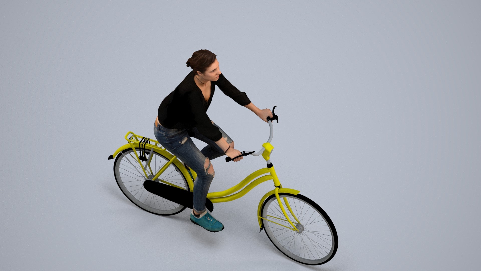 realistic 3D human woman casual cycling, archviz people FBX OBJ for Blender, back view render