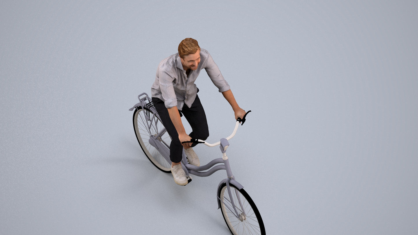 realistic 3D man casual cycling, scanned archviz people for Blender and 3ds Max, back view render