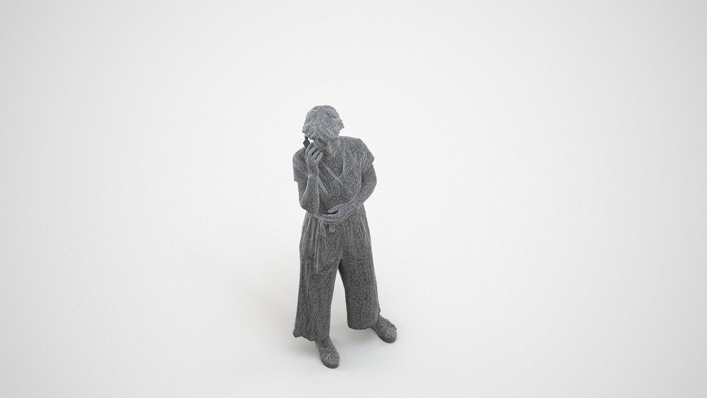 realistic 3D senior woman casual standing, scanned archviz people for Blender and 3ds Max, wireframe three-quarter view
