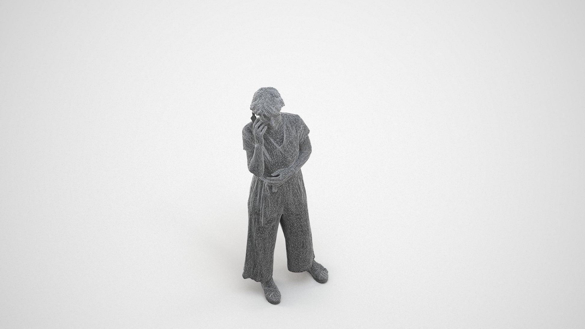 realistic 3D senior woman casual standing, scanned archviz people for Blender and 3ds Max, wireframe three-quarter view